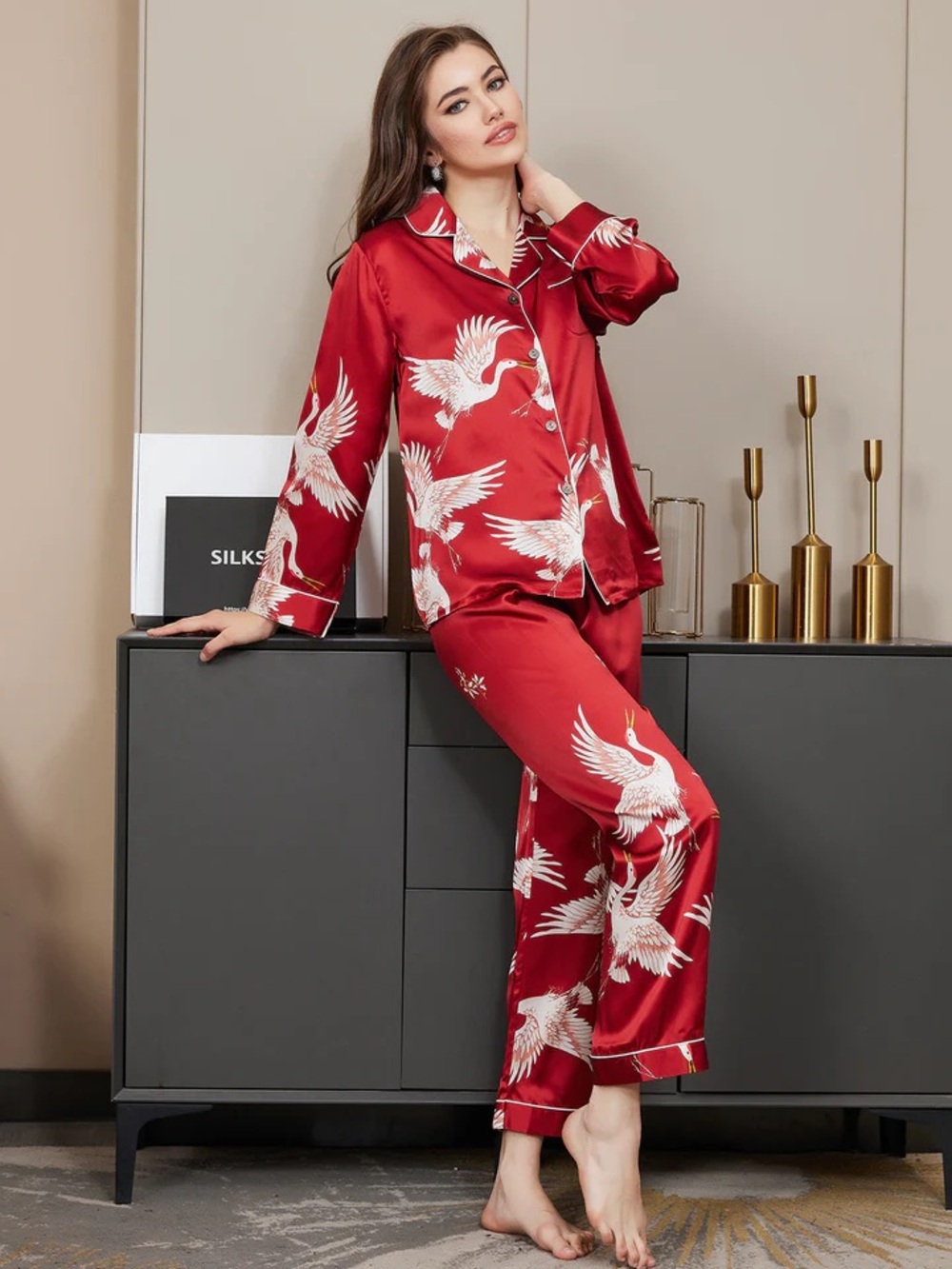 NWT Silksilky 100% Mulberry Silk Crane Pajama Set XS 19 Momme SilkLuxe Red